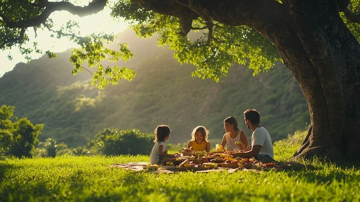 Famille pique-niquant